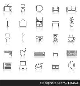Living room line icons with reflect on white, stock vector