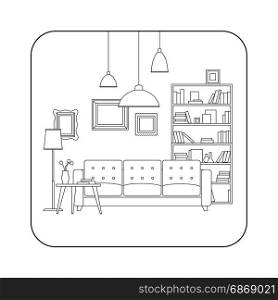 Living room line interior. Living room line interior with furniture. Vector thin illustration of living room.