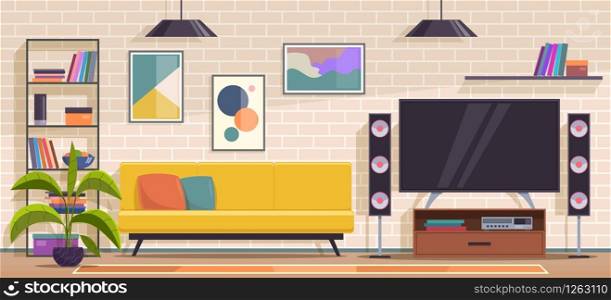 Living room. Modern apartment minimal interior with furniture, sofa and armchair, shelves and tv, wall pictures and plants flat vector contemporary interior. Living room. Modern apartment interior with furniture, sofa and armchair, shelves and tv, wall pictures and plants flat vector interior
