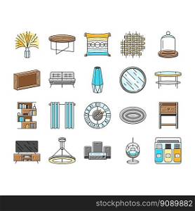 living room modern home furniture icons set vector. design interior, wall sofa, apartment white, living floor, house decor, plant style living room modern home furniture color line illustrations. living room modern home furniture icons set vector
