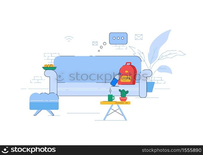 Living room semi flat RGB color vector illustration. Comfortable couch in apartment isolated cartoon objects on white background. Freelancer workplace, office lounge zone. Indoor recreation, home rest. Living room semi flat RGB color vector illustration