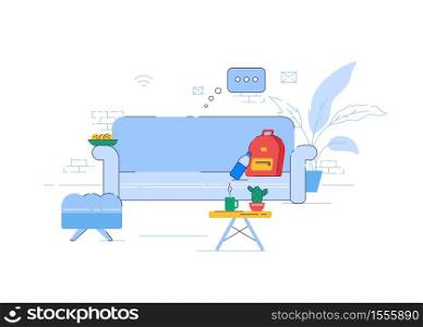 Living room semi flat RGB color vector illustration. Comfortable couch in apartment isolated cartoon objects on white background. Freelancer workplace, office lounge zone. Indoor recreation, home rest. Living room semi flat RGB color vector illustration