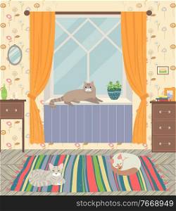 Living room vector, home decor flat style. Cats sleeping on carpet on floor, window with curtains, mirrors and wooden drawers. Design of place, drawers of wood with vase and picture. Living Room Interior, Home with Cats Pets Vector
