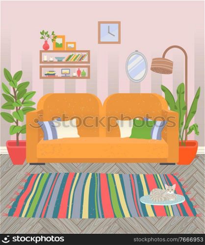 Living room vector, interior of home flat style. Sofa with pillows, houseplants in pots, lamp and mirror. Clock and shelf with books and vase flowers. Living Room Interior Home Styling Sofa and Plants