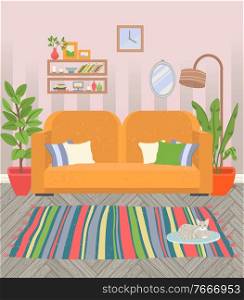 Living room vector, interior of home flat style. Sofa with pillows, houseplants in pots, lamp and mirror. Clock and shelf with books and vase flowers. Living Room Interior Home Styling Sofa and Plants
