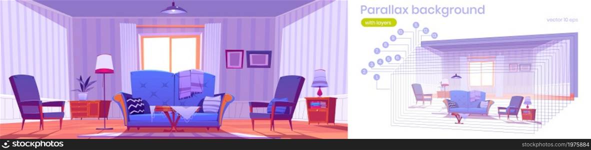 Living room with blue sofa, armchair, coffee table and lamp. Vector parallax background for 2d animation with cartoon interior with vintage furniture, couch with pillows and carpet. Parallax background of living room with blue sofa
