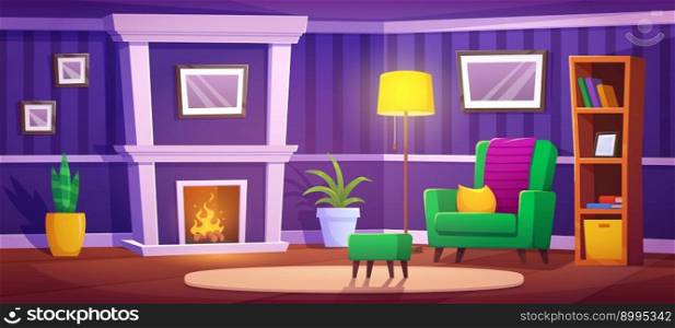 Living room with burning fireplace. Vector cartoon illustration of retro style home interior with armchair, floor lamp, books on shelf in bookcase, blank picture frames on purple walls, potted plants. Living room with burning fireplace