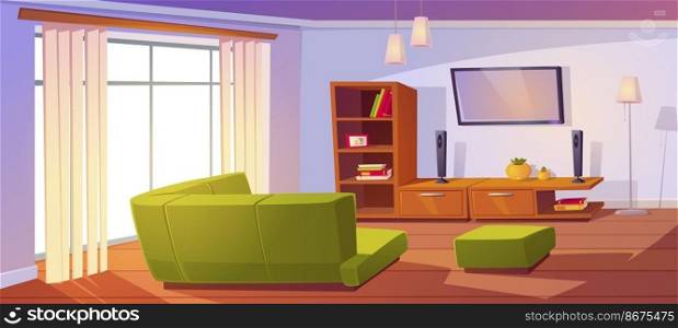 Living room with corner sofa, big window, bookshelves and tv on wall. Vector cartoon interior of empty lounge with pouf, rear view of couch, television and books on shelves. Living room with corner sofa, big window and tv