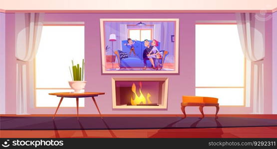 Living room with fireplace and family portrait on wall. Vector cartoon illustration of light home interior with large windows, vintage wooden table and chair, photo of happy parents and kids smiling. Living room with fireplace and family portrait