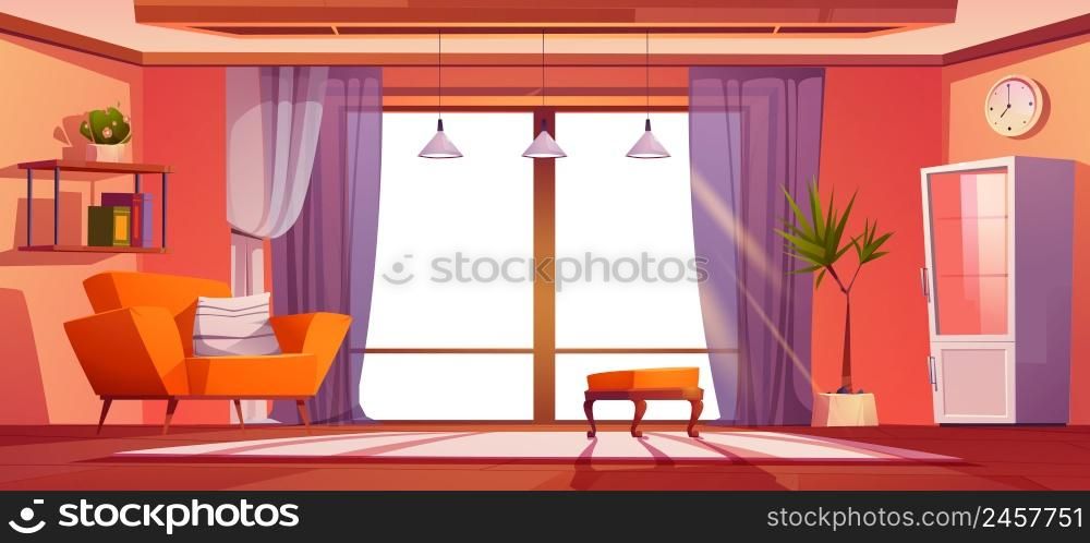 Living room with furniture and panoramic window. Vector cartoon illustration of empty modern lounge interior with sofa, pouf, cabinet, shelves, and big window with blank white space. Living room with furniture and panoramic window