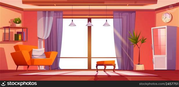 Living room with furniture and panoramic window. Vector cartoon illustration of empty modern lounge interior with sofa, pouf, cabinet, shelves, and big window with blank white space. Living room with furniture and panoramic window