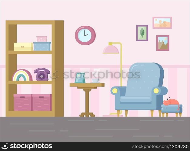 Living room with furniture and sleeping cat. Cozy interior with armchair and bookcase. Flat style vector illustration.. Living room with furniture and sleeping cat