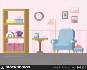 Living room with furniture and sleeping cat. Cozy interior with armchair and bookcase. Flat style vector illustration.. Living room with furniture and sleeping cat