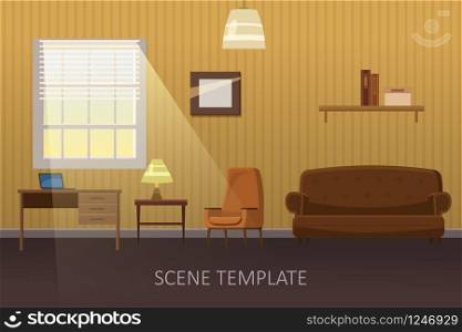 Living room with furniture. Cozy interior with sofa and tv. Cartoon style vector illustration.. Living room with furniture. Cozy interior with sofa and tv. Cartoon style vector illustration. Scene template for animation