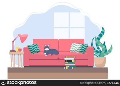 Living room with furniture. Cozy interior with sofa. Flat style. Living room with furniture. Cozy interior with sofa and tv. Flat style illustration.