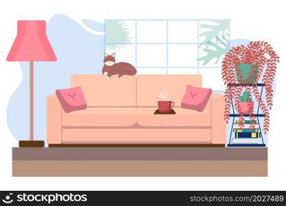 Living room with furniture. Cozy interior with sofa. Flat style. Living room with furniture. Cozy interior with sofa and tv. Flat style illustration.