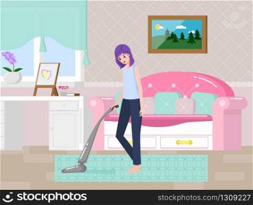 Living room with furniture. Girl started running the vacuum cleaner in room. Cozy interior with sofa and work table. Flat style vector illustration.. Girl started running the vacuum cleaner in room