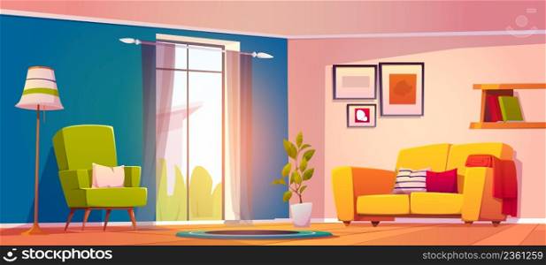 Living room with sofa and armchair. Vector cartoon illustration of cozy lounge interior with couch with pillows, chair, floor lamp, shelf with books, carpet and pictures on wall. Living room with sofa and armchair