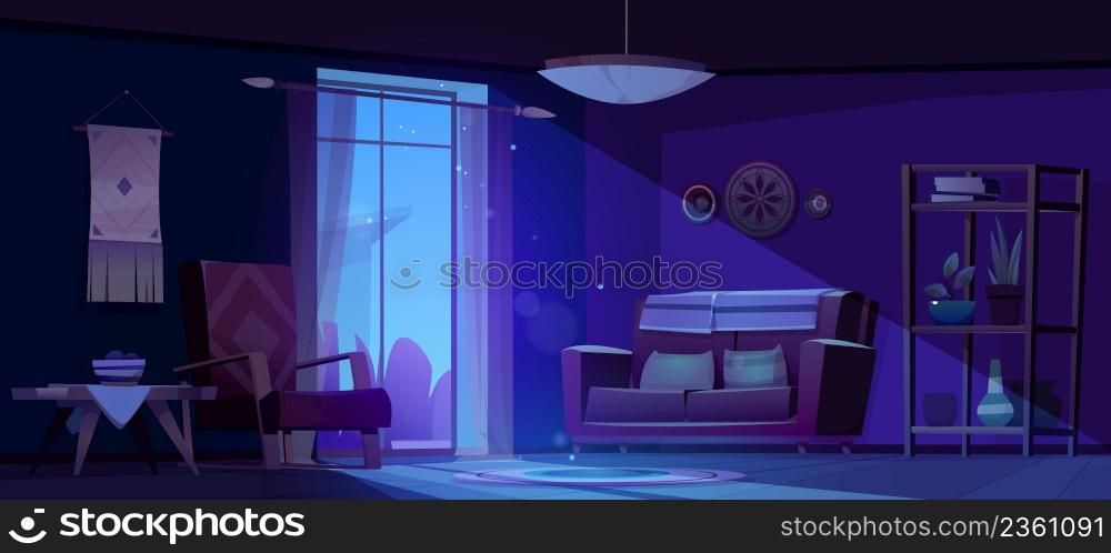 Living room with sofa and chair at night. Vector cartoon dark lounge interior in boho style with couch, armchair, wooden table, rack with plants, dreamcatcher on wall and moonlight from window. Living room with sofa and chair at night