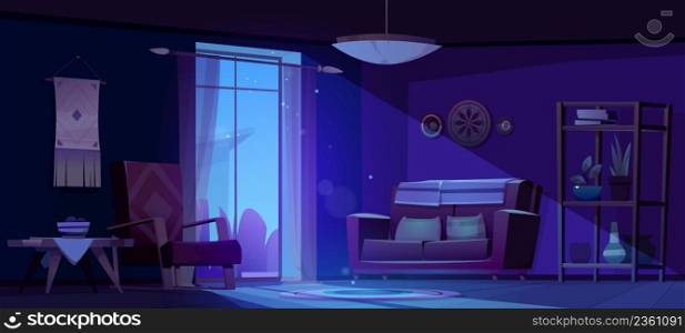 Living room with sofa and chair at night. Vector cartoon dark lounge interior in boho style with couch, armchair, wooden table, rack with plants, dreamcatcher on wall and moonlight from window. Living room with sofa and chair at night