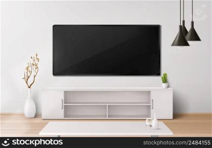 Living room with wide lcd tv screen, stand and table. Vector realistic illustration of modern house interior with flat plasma television set hanging on wall, white furniture, plants and black l&s. Living room with wide lcd tv screen