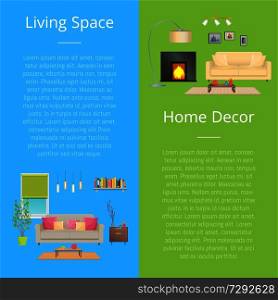Living space and home decor, set of posters with text sample and headline, sofa and fireplace, windows and tables isolated on vector illustration. Living Space Home Decor Set Vector Illustration