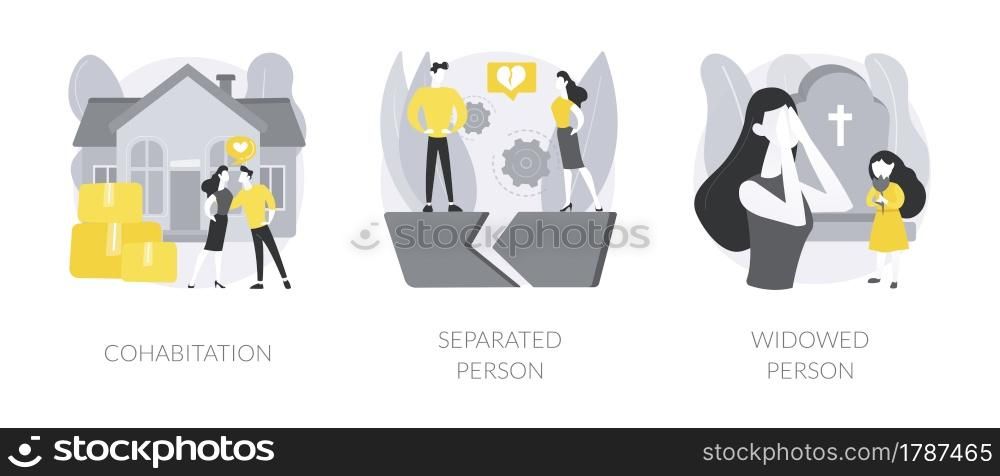 Living together abstract concept vector illustration set. Cohabitation, separated person, widowed person, common law relationship, divided couple, loss of partner, support group abstract metaphor.. Living together abstract concept vector illustrations.