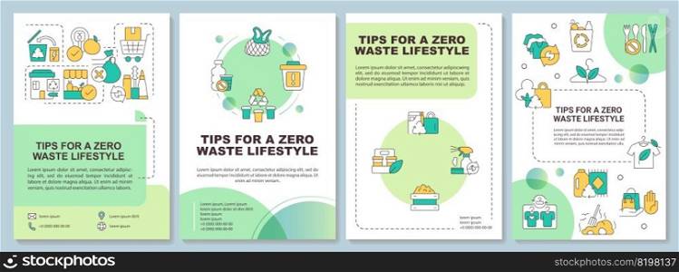 Living zero waste life advices green brochure template. Leaflet design with linear icons. Editable 4 vector layouts for presentation, annual reports. Arial-Bold, Myriad Pro-Regular fonts used. Living zero waste life advices green brochure template