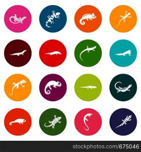 Lizard icons many colors set isolated on white for digital marketing. Lizard icons many colors set