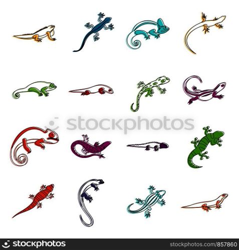 Lizard icons set. Doodle illustration of vector icons isolated on white background for any web design. Lizard icons doodle set