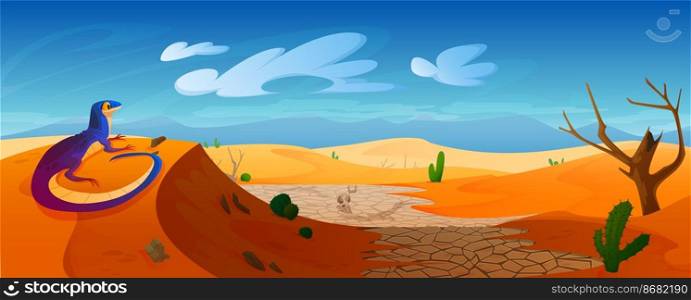 Lizard sit on dune in desert with golden sand, cracked ground, animal skull and bones, cacti under blue cloudy sky. Hot dry deserted nature landscape, scenery background, Cartoon vector illustration. Lizard sit on dune in desert with golden sand