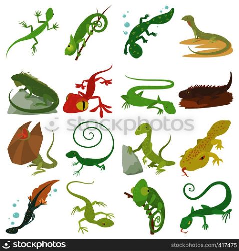 Lizard type animals icons set. Cartoon illustration of 16 lizard type animals vector icons for web. Lizard type animals icons set, cartoon style