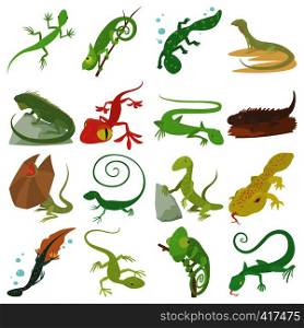 Lizard type animals icons set. Cartoon illustration of 16 lizard type animals vector icons for web. Lizard type animals icons set, cartoon style