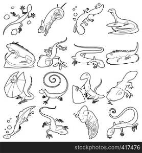 Lizard type animals icons set. Outline illustration of 16 lizard type animals vector icons for web. Lizard type animals icons set, outline style