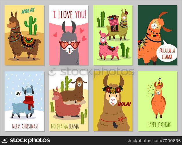 Llama cards. Baby llamas cute alpaca and cacti wild lama. Peru camel, girl party invitation card vector set. Llama cards. Baby llamas cute alpaca and cacti wild lama. Peru camel, girl party invitation vector set