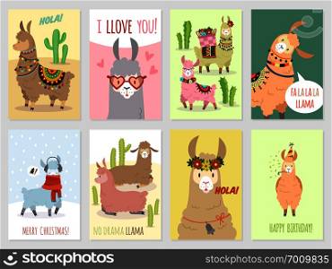 Llama cards. Baby llamas cute alpaca and cacti wild lama. Peru camel, girl party invitation card vector set. Llama cards. Baby llamas cute alpaca and cacti wild lama. Peru camel, girl party invitation vector set