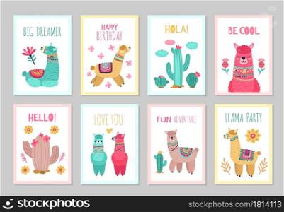 Llama cards. Beautiful invitations, alpaca flower colorful birthday invites. Babies kids posters with cactus cute wild animals vector set. Illustration alpaca card, greeting colored traditional poster. Llama cards. Beautiful invitations, alpaca flower colorful birthday invites. Babies kids posters with cactus cute wild animals vector set