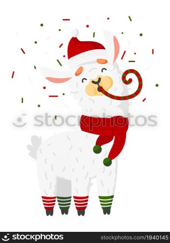 Llama holiday celebration. Alpaca with party blower horn. Vector illustration. Llama holiday celebration. Alpaca with party blower horn