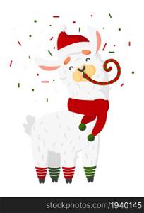 Llama holiday celebration. Alpaca with party blower horn. Vector illustration. Llama holiday celebration. Alpaca with party blower horn