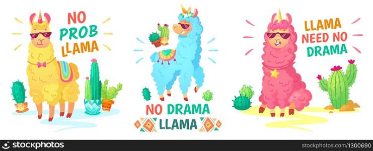 Llama poster. No drama llama and no prob llama vector illustration set. Alpaca character, lama no drama, funny and happy colored animal. Llama poster. No drama llama and no prob llama vector illustration set