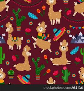 Llama seamless pattern. Alpaca baby and cactus girly textile texture. Lama tribal vector concept. Llama seamless pattern. Alpaca baby and cactus girly textile texture. Lama tribal concept