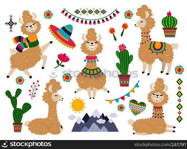Llama set. Baby llamas cartoon alpaca, wild lama. Girl invitation elements vector collection. Llama set. Baby llamas cartoon alpaca, wild lama. Girl invitation elements vector