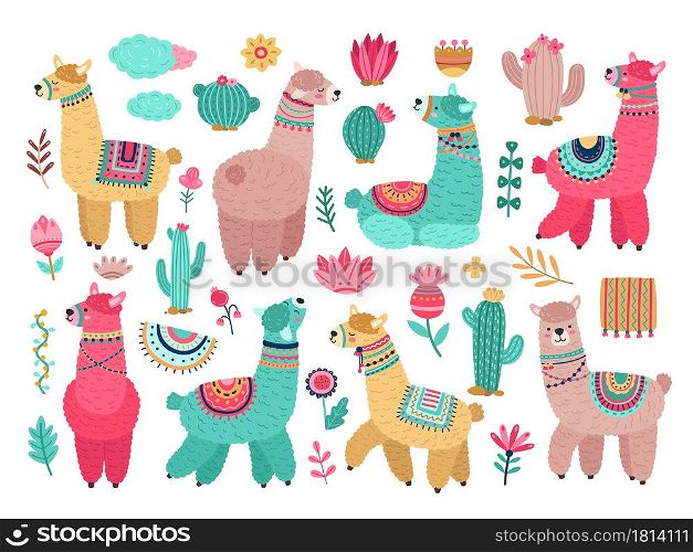 Llama with cactus. Cute alpaca, baby llamas flower and art floral objects. Isolated wild animal kid stickers, cuteness elements vector set. Llama and alpaca, animal and flower colored illustration. Llama with cactus. Cute alpaca, baby llamas flower and art floral objects. Isolated wild animal kid stickers, cuteness elements vector set