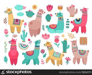 Llama with cactus. Cute alpaca, baby llamas flower and art floral objects. Isolated wild animal kid stickers, cuteness elements vector set. Llama and alpaca, animal and flower colored illustration. Llama with cactus. Cute alpaca, baby llamas flower and art floral objects. Isolated wild animal kid stickers, cuteness elements vector set