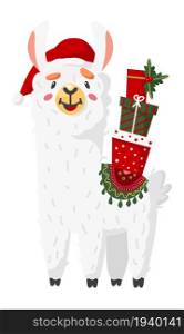 Llama with christmas gifts. Winter holiday alpaca in funny hat isolated on white background. Llama with christmas gifts. Winter holiday alpaca in funny hat
