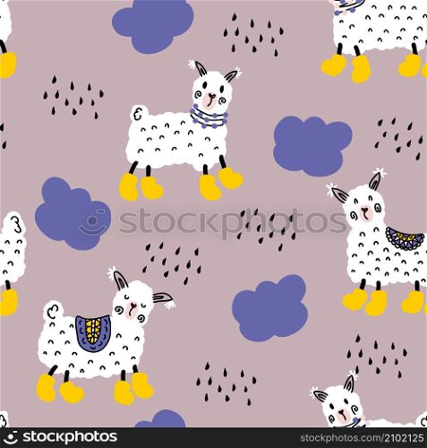 Llamas in yellow boots walking in the rain seamless pattern. Perfect for T-shirt, textile and print. Hand drawn vector illustration for decor and design.