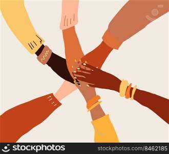 llustration of a people s hands with different skin color together holding each other. Race equality, feminism, tolerance art in minimal style.. llustration of a people s hands with different skin color together