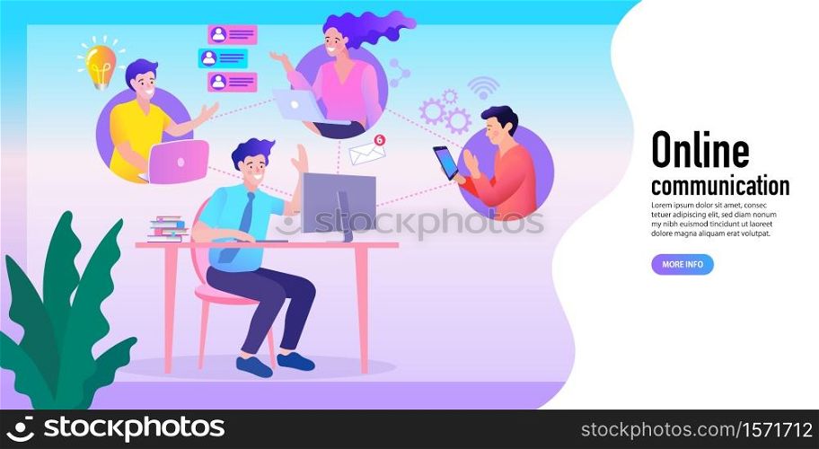 llustration of people at video conference on computer. Woman and man having video call meeting with clients at home. Chatting Using Smartphone for Website or Web Page. Vector
