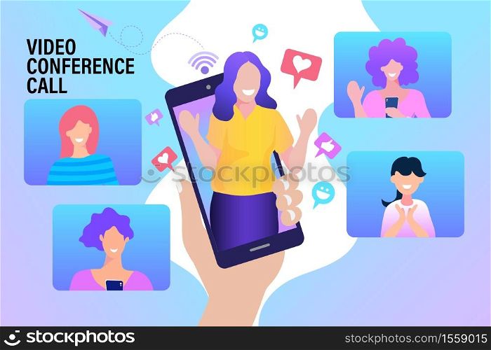 llustration of people at video conference on smartphone. Woman having video call meeting with clients at home. Vector