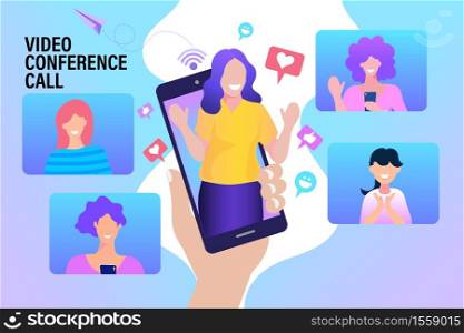 llustration of people at video conference on smartphone. Woman having video call meeting with clients at home. Vector
